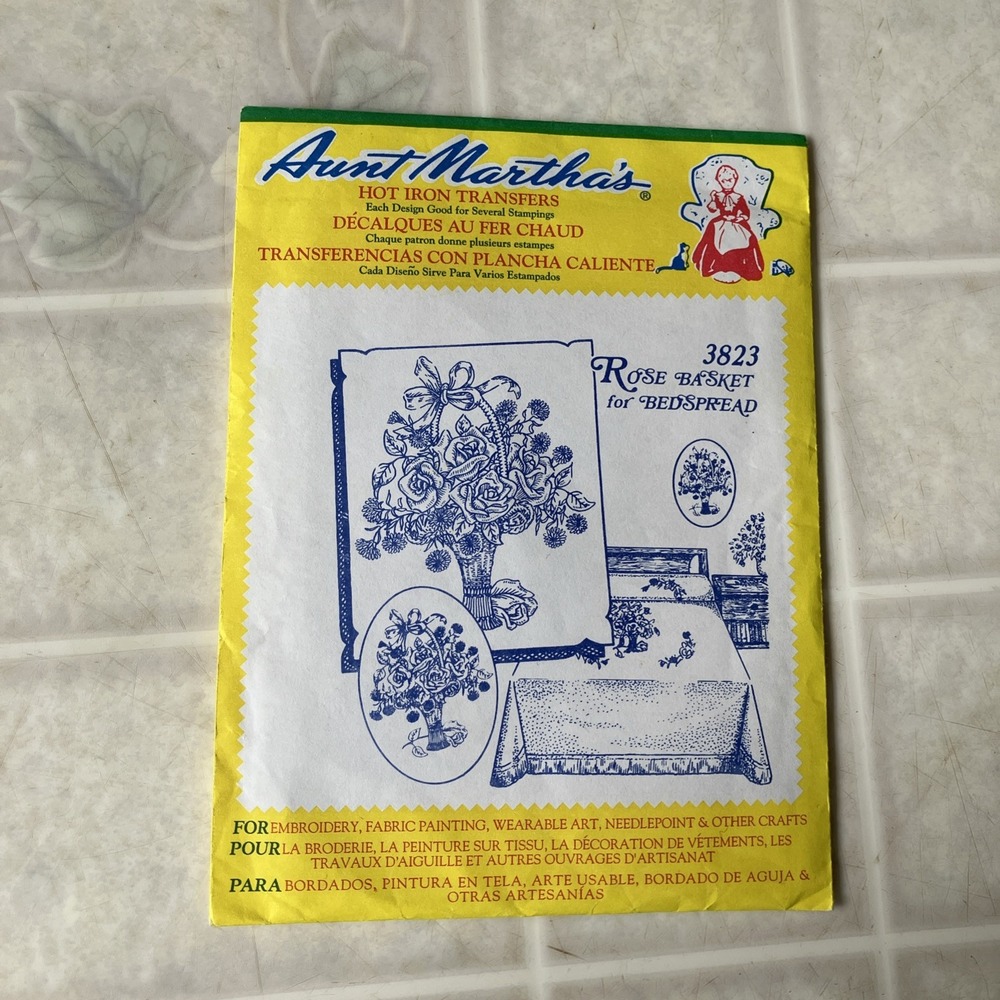 Vtg Aunt Martha's Hot Iron Transfers, 3823 Rose Basket For Bedspread Floral